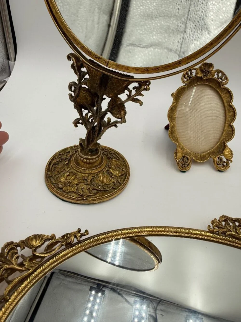 Vintage Gold Vanity Set With Hand Mirror Comb Brush Tray Jewelry Box & Small Fra
